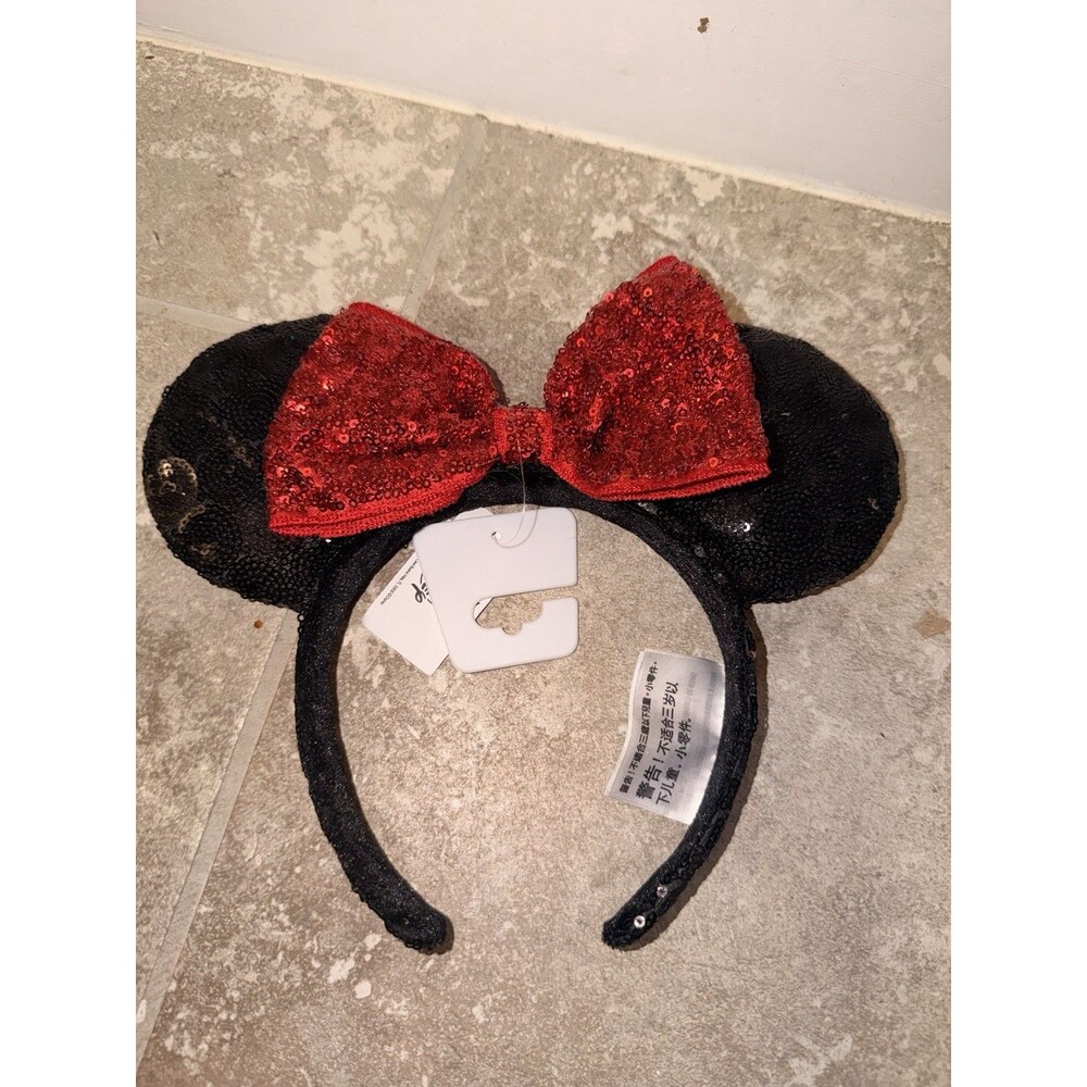 Disney Parks Classic Minnie Mouse Black Red Sequin Headband Ears